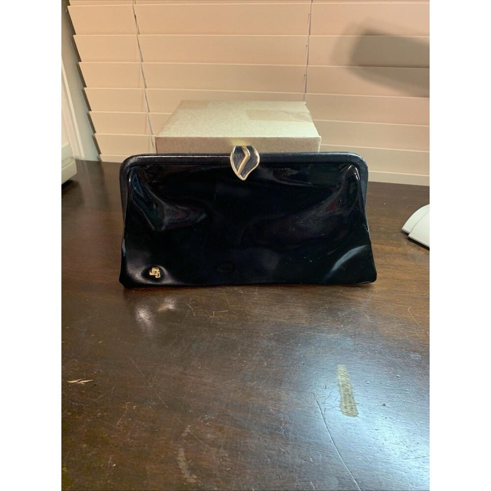 Jane Shilton Vintage MCM Black Patent Clutch, Mid-Century Evening Bag Gold Clasp
